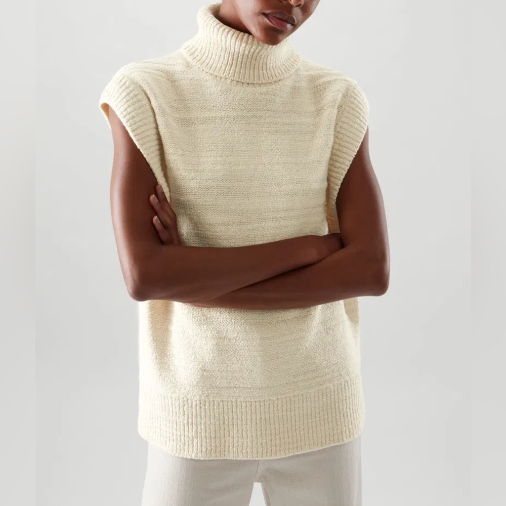 COS Textured Wool Cotton Blend Sleeveless Turtleneck Sweater Size Medium